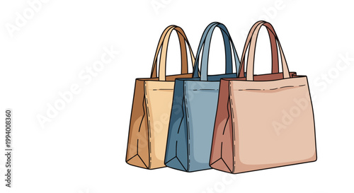 Three eco-friendly canvas tote bags in tan, blue, and pink colors standing together in a simple illustrated flat style.