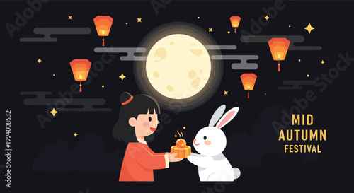 Young girl and a white rabbit sharing a delicious mooncake during the mid autumn festival celebration under a starry night sky.