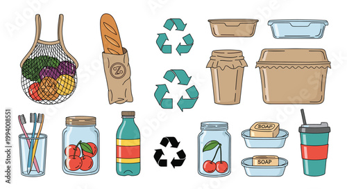 Extensive set of zero waste and eco friendly products including reusable bags, glass jars, wooden brushes, and recycling symbols.