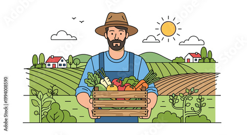 Bearded farmer standing in a beautiful rural landscape while holding a wooden crate overflowing with fresh organic vegetables.