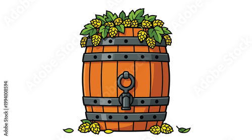 Traditional Wooden Beer Barrel with Fresh Hops and Metal Tap Spigot Vector Illustration for Brewery Branding