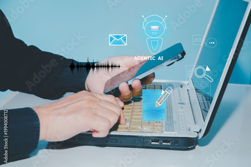 Businessman using agentic AI assistant to automate office tasks including email scheduling, meeting minutes recording, and conference room booking.