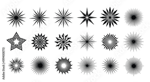 Grid of nineteen diverse black sunburst and starburst icons with varying numbers of rays and different artistic geometric designs.