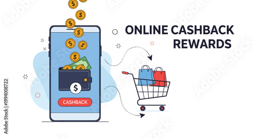Online cashback rewards concept showing money falling into a digital wallet on a smartphone next to a shopping cart with bags.