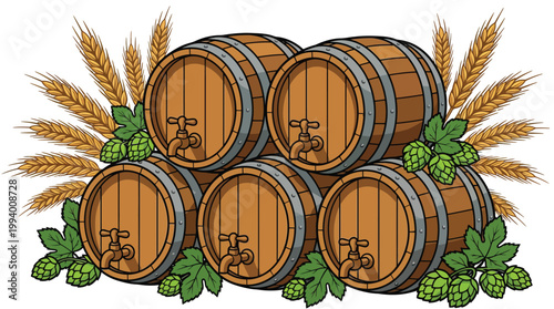 Vintage wooden beverage barrels with taps hops and wheat ears illustration for brewery or distillery branding and pub advertising