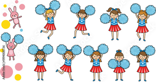 Cheerleader Girls Collection with Pom Poms Dance Poses and Cute Cartoon Characters Vector Illustration Set