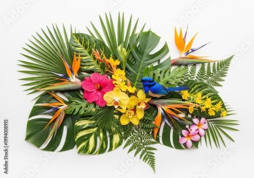 Vibrant tropical flower arrangement with birds of paradise and heliconia on white background