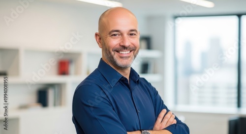 A smiling man with a bald head stands in a modern office. He is wearing a dark blue shirt and has his arms crossed.