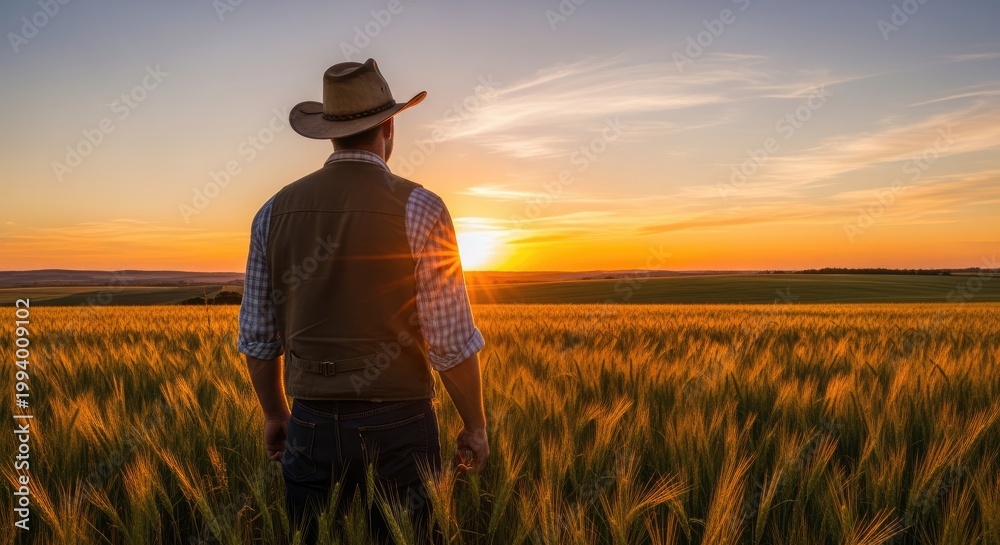 Fototapeta premium A farmer stands in a wheat field, facing a vibrant sunset. He wears a cowboy hat, a vest, and jeans.