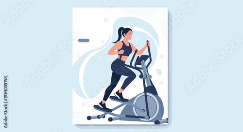 Modern vector illustration of a fit woman training on an elliptical cross trainer machine at a gym for fitness and health goals.