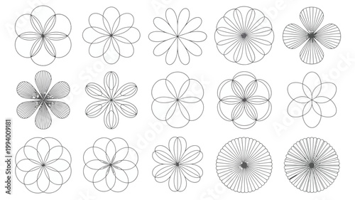 An arrangement of fifteen floral designs rendered in delicate black lines showcasing varying degrees of petal complexity and circular forms high quality professional detailed modern elegant