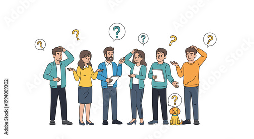 Group of diverse young people standing together and looking confused with large colorful question marks floating above them.