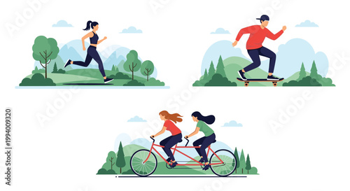 Active people enjoying various outdoor activities like running, skateboarding, and riding a tandem bicycle in a park landscape.