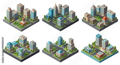 Set of six isometric city blocks showing diverse modern office buildings, green parks, parking lots, and busy urban streets.