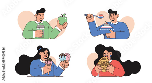 Four illustrations of people enjoying healthy and sweet foods like green juice, apples, cereal bowls, ice cream, and waffles.