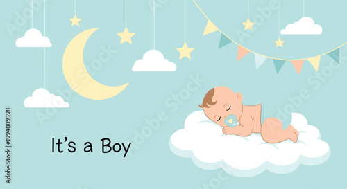 Beautiful birth announcement card for a boy featuring a newborn baby sleeping on a cloud under a crescent moon and stars.