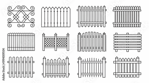 A collection of linear fence designs are displayed showcasing various styles and patterns for garden or property boundaries high quality professional detailed modern elegant stylish clean