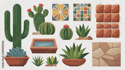 A vibrant collection of southwestern desert elements including various cacti tiles and terracotta pots arranged on a neutral background high quality professional detailed modern elegant stylish