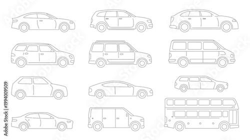 A collection of various vehicle outlines are displayed including cars vans and a large double decker bus all in a linear style high quality professional detailed
