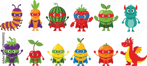 Cute Fruit and Vegetable Superhero Characters Collection with Funny Cartoon Food Mascots Vector Illustration Set