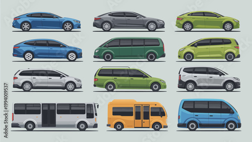 A collection of various automobile types is displayed ranging from compact cars and sedans to vans and larger passenger vehicles high quality professional detailed modern elegant