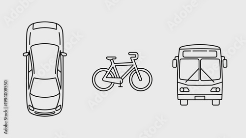 A minimalist illustration displays an overhead view of a car bicycle and a city bus depicted with simple black lines high quality professional detailed modern elegant