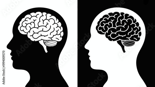 A stark black and white illustration depicts two human profiles each containing a detailed brain within their head silhouette high quality professional modern elegant stylish clean