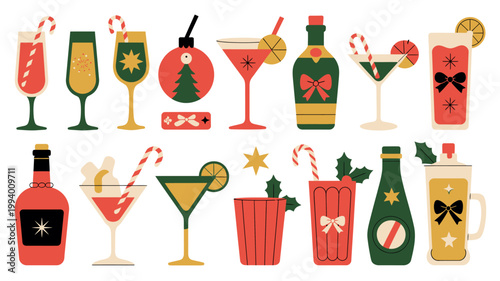A vibrant collection of festive holiday cocktails and drinks are illustrated in a colorful whimsical flat design style high quality professional detailed modern elegant stylish clean