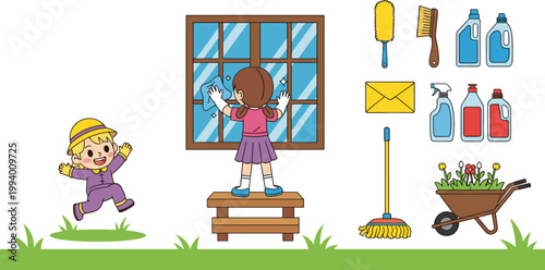 Kids Cleaning Window Scene with Household Tools and Garden Elements Cartoon Vector Illustration Set