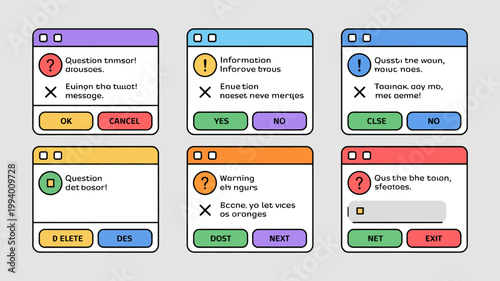 A colorful arrangement of six computer window icons each displaying a different alert or prompt with text and buttons high quality professional detailed modern elegant stylish