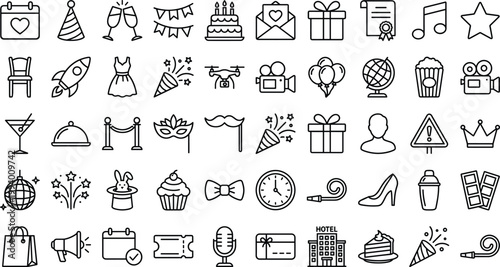 Party and Celebration Line Icon Set Featuring Birthday, Events, Gifts, Decorations, Entertainment, Holiday Symbols, and Festive Elements for Invitations and Event Design