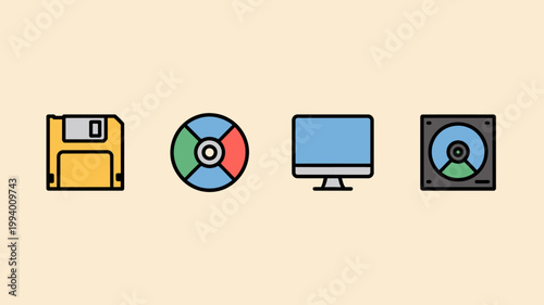 A colorful illustration depicts various data storage devices including a floppy disk optical disc monitor and speaker arranged in a row high quality professional detailed modern