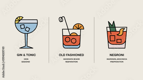 A colorful graphic displays three classic cocktails a gin tonic old fashioned and negroni with their names labeled below each drink high quality professional detailed modern