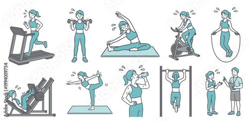 様々な運動を辛そうにする成人女性の10点セットイラスト（標準体型）