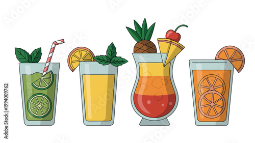 A vibrant collection of four illustrated tropical cocktails each garnished with fresh fruit and mint presented in various glasses high quality professional detailed modern elegant stylish