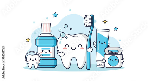Cute dental care characters featuring a happy tooth, toothbrush, tube of toothpaste, dental floss, and a bottle of mouthwash.