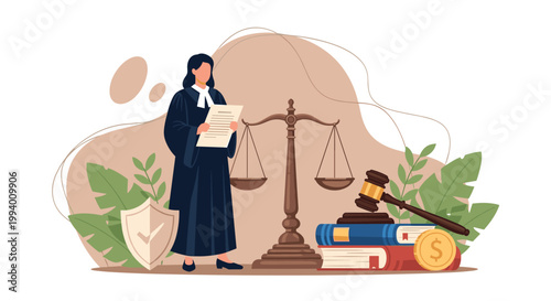 Female judge wearing a formal black robe standing next to legal symbols like the scales of justice, a gavel, and law books.
