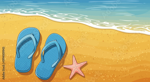 Summer Beach Vacation Illustration with Blue Flip Flops and Starfish