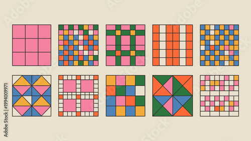 A colorful arrangement of nine square tiles displays various geometric patterns utilizing a palette of pink blue green and orange hues high quality professional detailed modern
