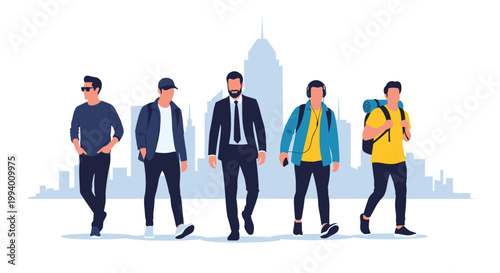 Group of diverse men representing different styles and professions walking against a modern city skyline architectural background.