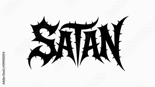 A stark black graphic displays the word satan in a highly stylized thorn covered font against a plain white background high quality professional detailed modern elegant