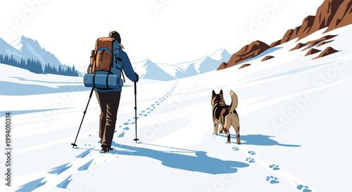 Determined hiker carrying a heavy backpack and walking with a dog through a deep snow-covered mountain valley landscape.