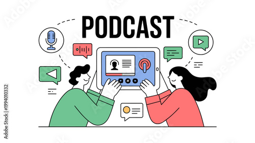 A colorful illustration depicts two people listening to a podcast on a mobile phone surrounded by podcast related icons high quality professional detailed modern elegant stylish