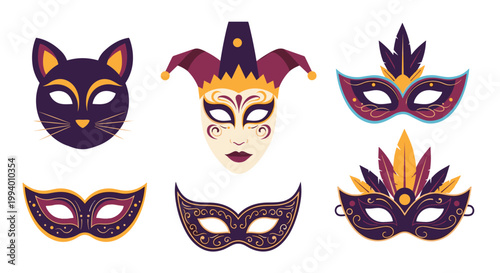 Various colorful masquerade masks with feathers, patterns, and ornate designs for carnival celebrations and masquerade ball parties.