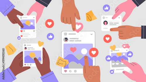 Foto Diverse hands interact with various social media posts and interfaces showcasing