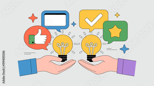 Hands are holding lightbulbs surrounded by positive icons including thumbs up checkmarks and stars representing ideas and success high quality professional detailed modern elegant stylish clean