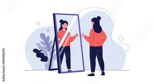 Empowered young woman looking at her reflection in a large floor mirror and giving a confident and positive thumbs up gesture.