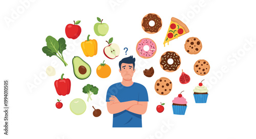 Confused man standing between fresh vegetables and fruits on one side and sugary snacks and fast food on the other.