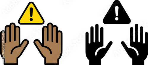Hands touching warning sign safety alert flat design vector illustration