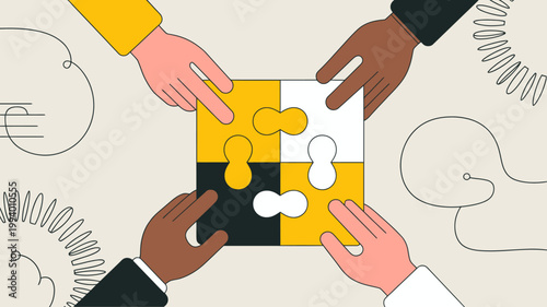 Four diverse hands collaborate to connect puzzle pieces symbolizing teamwork unity and problem solving with a minimalist design high quality professional detailed modern elegant stylish clean